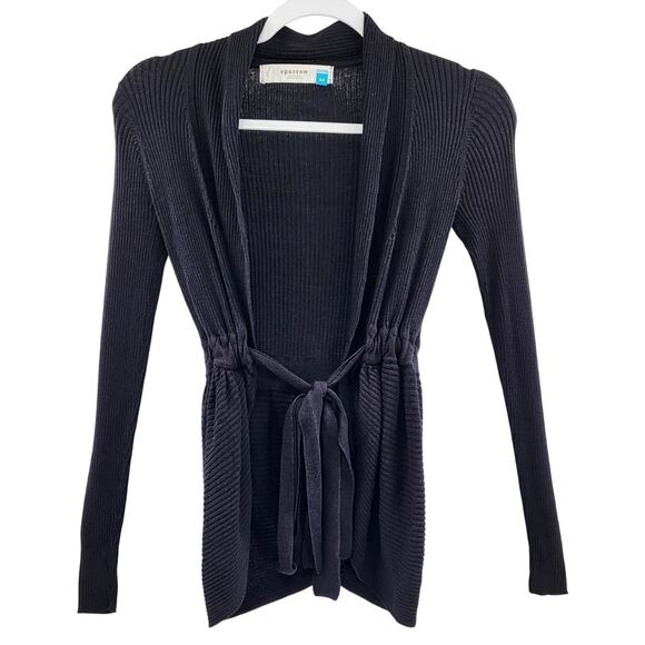 Sparrow Black Tie Waist Long-sleeved Knit Ribbed Cardigan Sweater Women's Sz XS - Picture 1 of 5